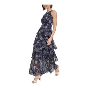 Tommy Hilfiger Tiered Chiffon Maxi Dress Size 14 Floral Blue MSRP $139